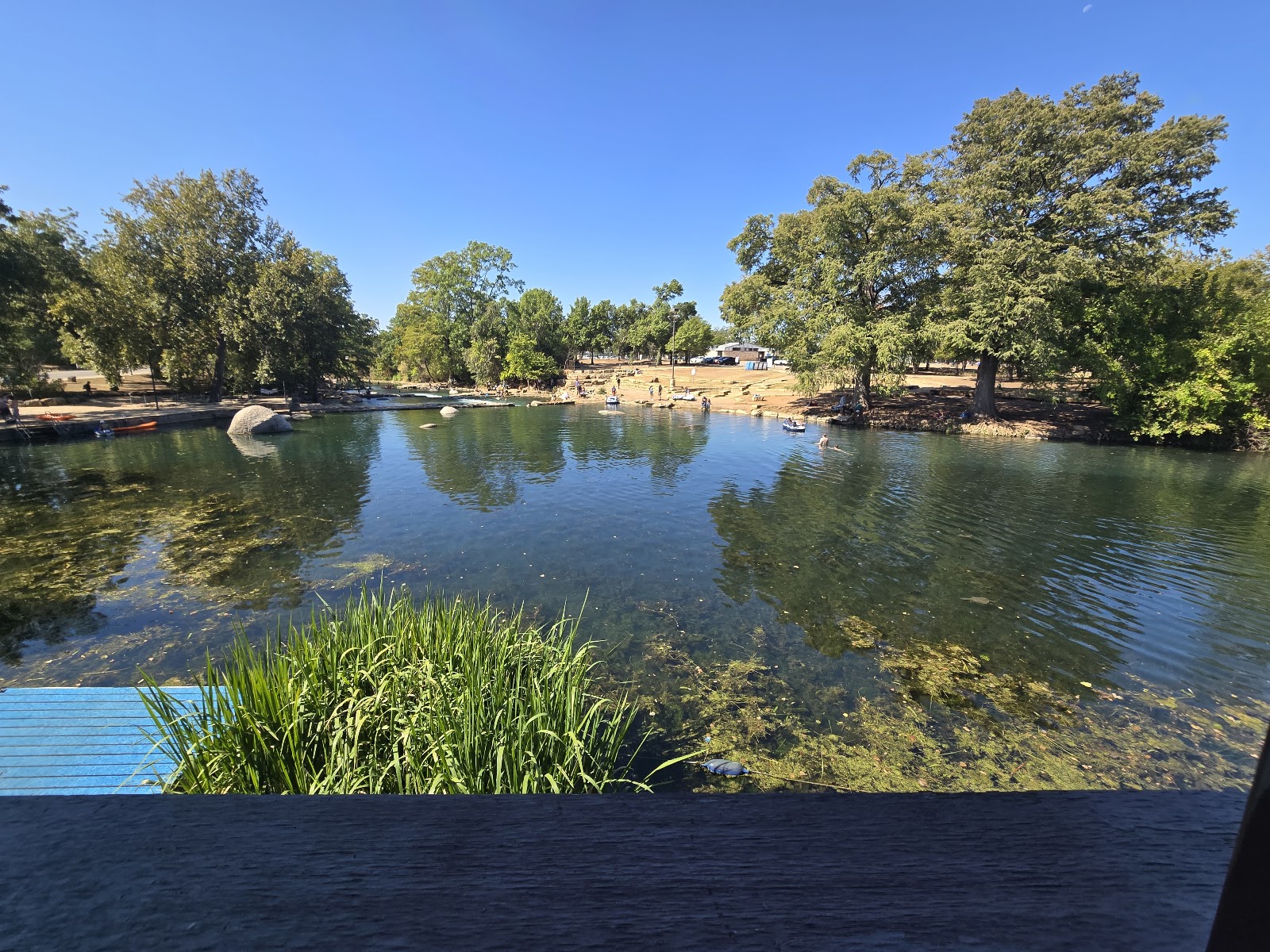 San Marcos River with swimmers and kayakers near Ivar's River Pub